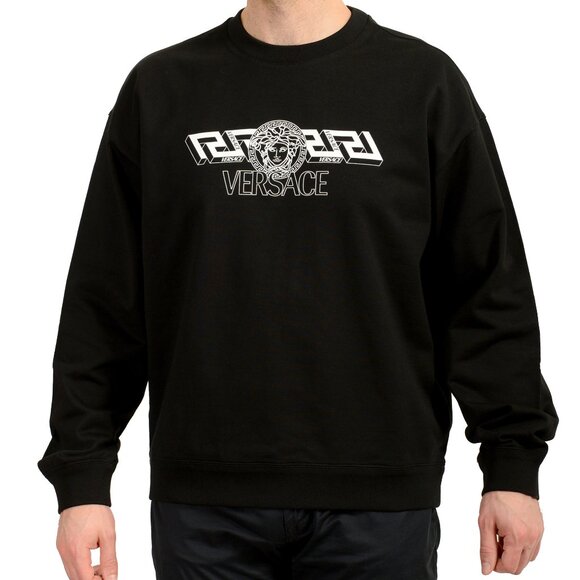 Versace Men's Black Mitchel Fit Logo Print Crewneck Sweatshirt US 2XL IT 56 - Picture 1 of 6